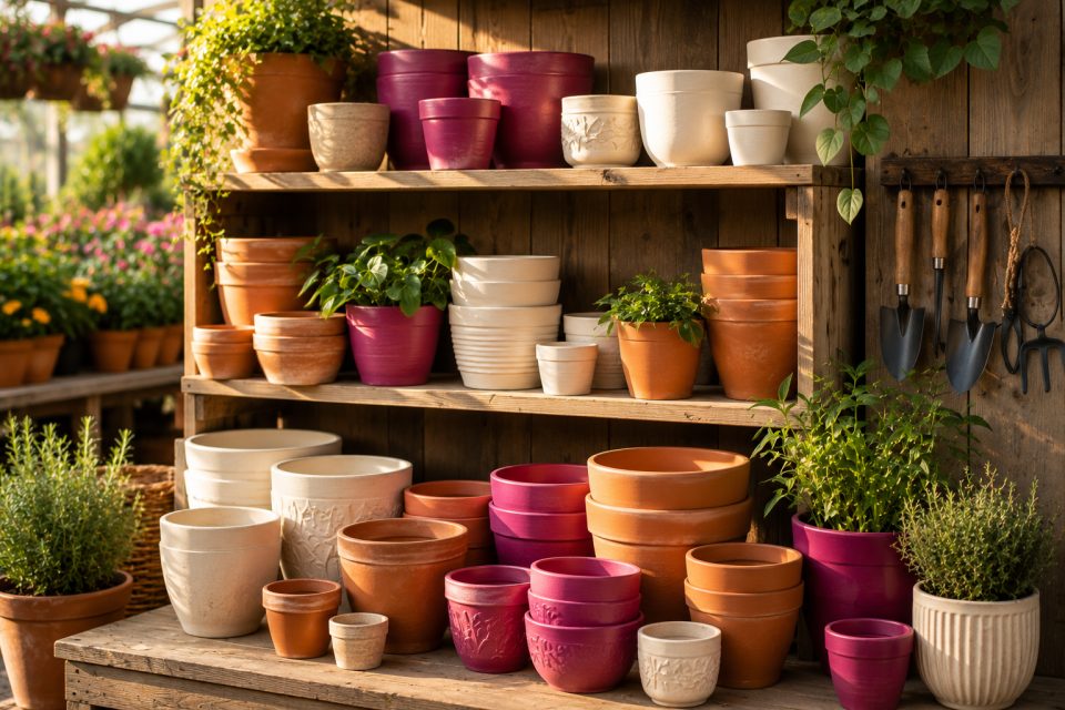 Töpfe, Übertöpfe und Gartengeräte im Polisi Gartencenter Wien