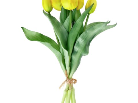 Mehrstieliger künstlicher Tulpenstrauß mit gelben Blüten und grünen Blättern in einer dekorativen Vase