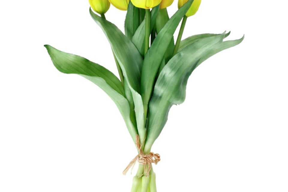 Mehrstieliger künstlicher Tulpenstrauß mit gelben Blüten und grünen Blättern in einer dekorativen Vase