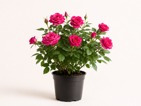 Edelrose mit pinken Blüten im Pflanzcontainer