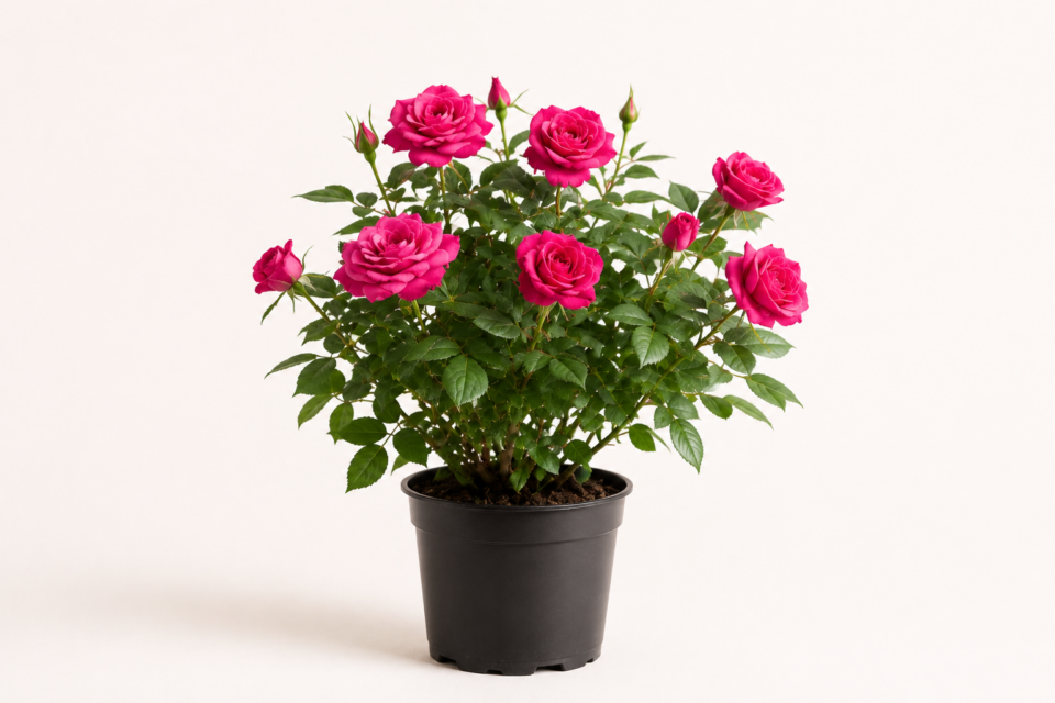 Edelrose mit pinken Blüten im Pflanzcontainer