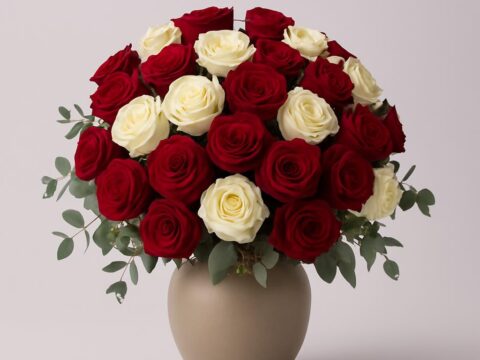 Großer rund gebundener Strauß aus dunkelroten und cremeweißen Rosen mit graugrünem Eukalyptus