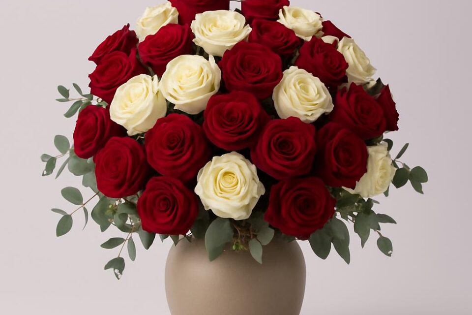 Large rounded bouquet of deep red and creamy white roses with grey-green eucalyptus foliage