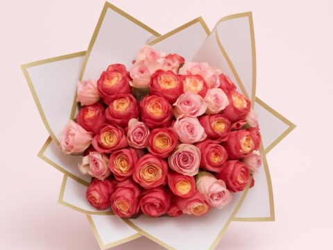 Runder, handgehaltener Strauß aus vielen hellrosa und pinken, dicht gefüllten Rosen in heller Papiermanschette mit Goldrand