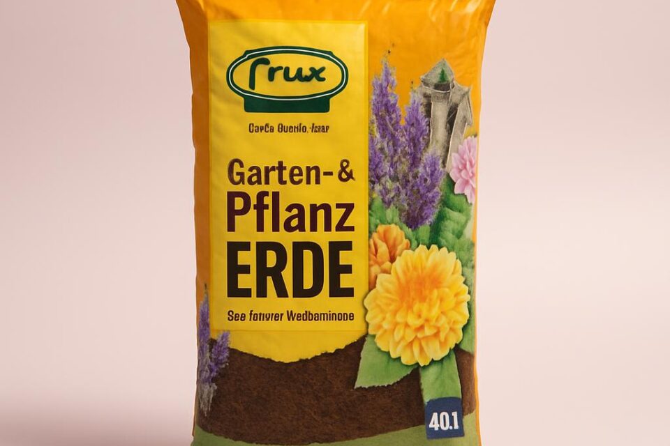 Open 40-litre bags of Frux Garden and Planting Soil on a red tiled floor